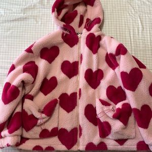 HEART PRINT FLEECE JACKET BOMBER JACKET PINK